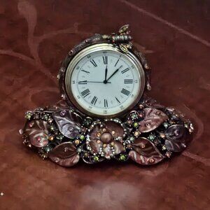 JAY STRONGWATER FALL FLORAL FLOWER BEE CRYSTAL ENAMEL OFFICE DESK MANTLE CLOCK